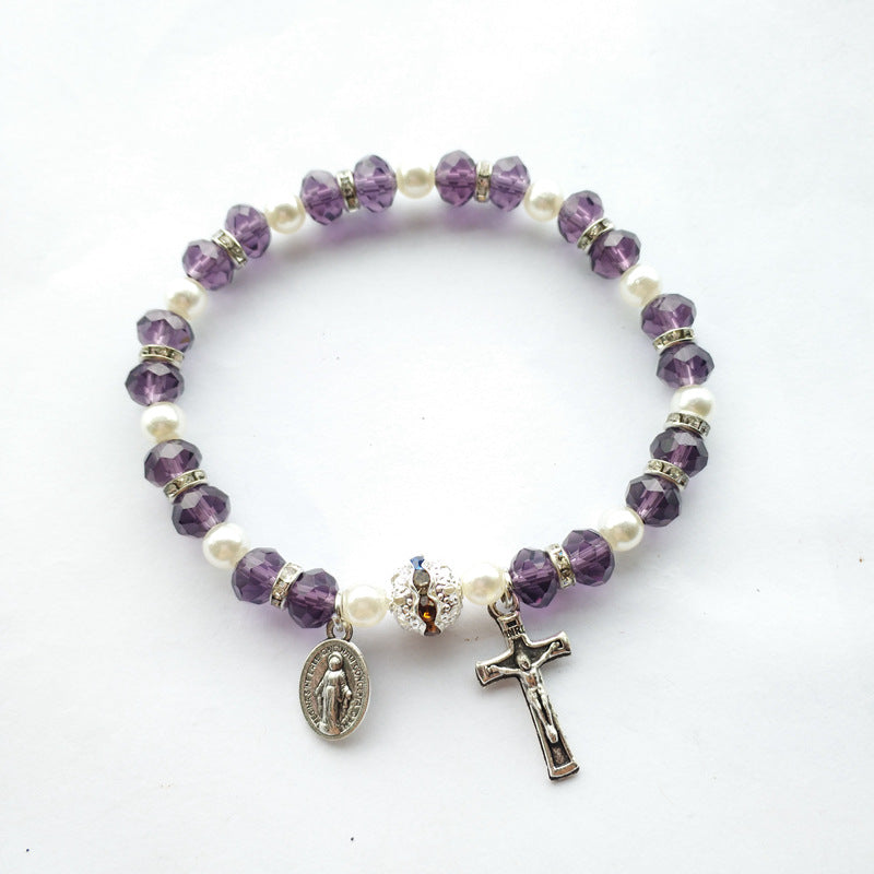 Wholesale Alloy Cross Crystal Girls Elastic Beaded Bracelet