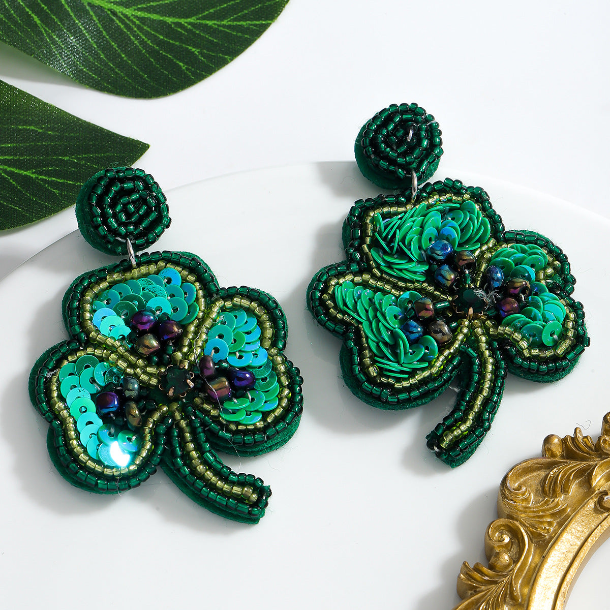 Wholesale Green Rice Bead Saint Patrick Clover Holiday Party Earrings