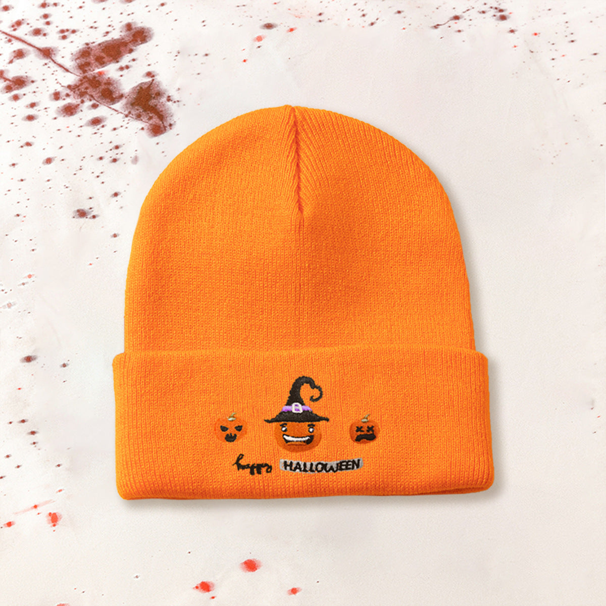 Wholesale Halloween Acrylic Embroidered Pumpkin Knitted Hat