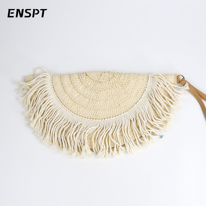 Wholesale Crossbody Hand-held Ethnic Style Summer Beach Tassel Straw Bag