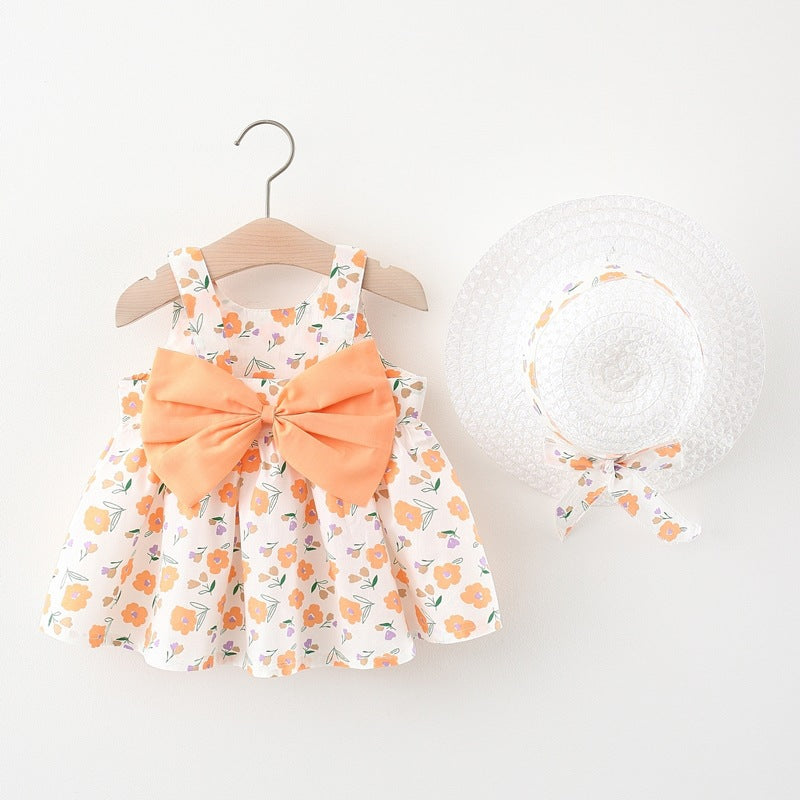 Wholesale Sweet Summer Cotton Baby Girl Dress With Big Bow And Floral Print Matching Straw Hat Included Party Gift For Toddlers