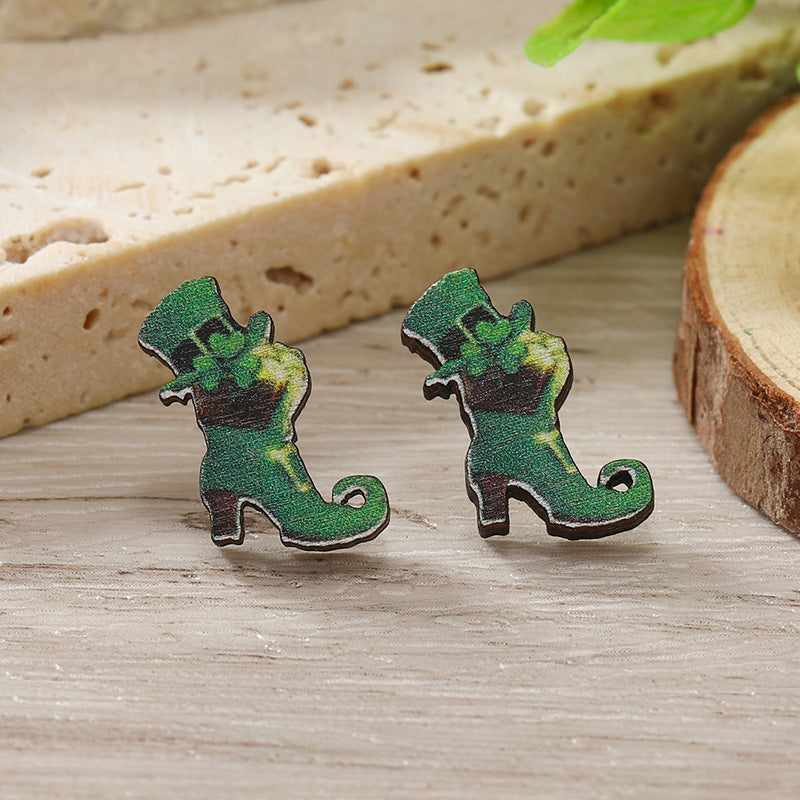 Wholesale Patrick's Day Four Leaf Clover Cartoon Wooden Earrings