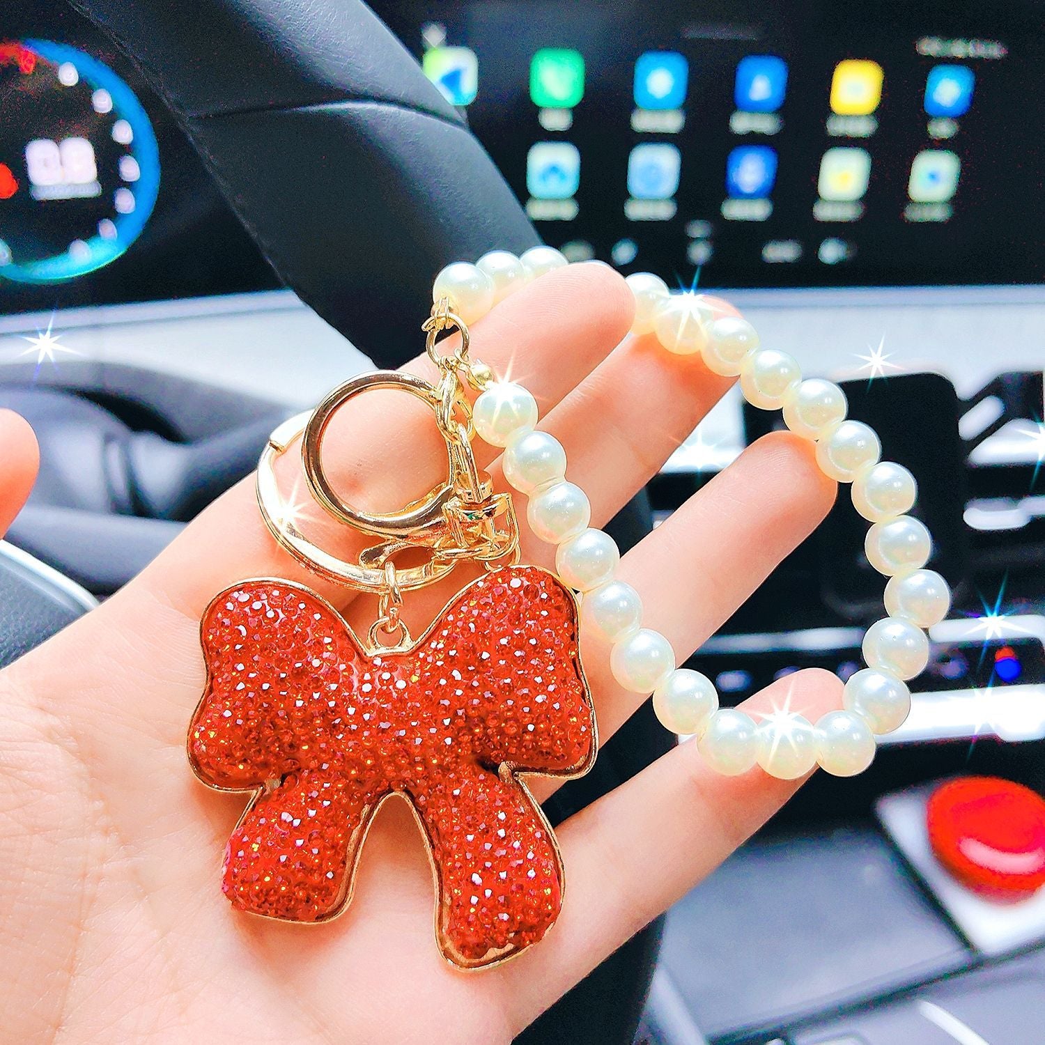 Wholesale Full Diamond Bow Car Creative Pearl Bracelet Keychains