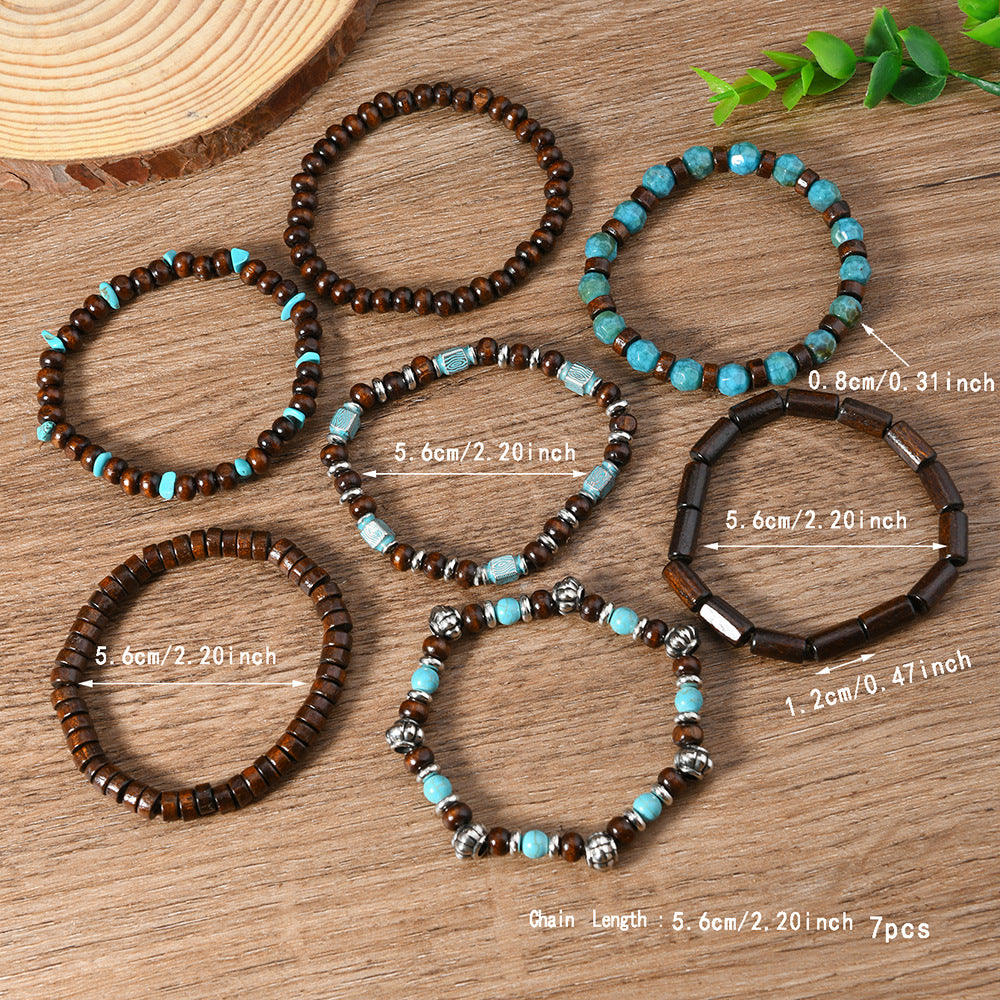 Wholesale Vintage wooden and stone beaded 7-piece bracelet