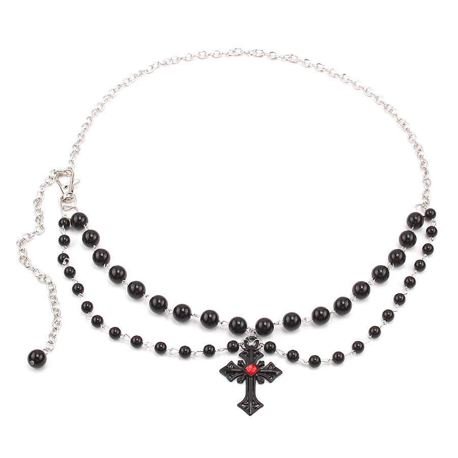 Wholesale Gothic Dark Style Vintage Black Pearl Cross Waist Necklace
