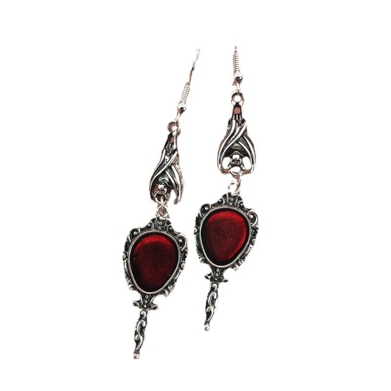 Wholesale Gothic Punk Dark Gothic Bat Antique Silver Scarlet Magic Mirror Earrings