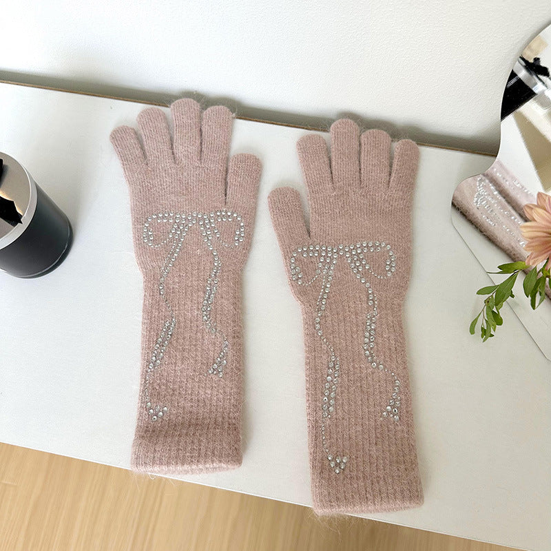 Wholesale Bright Diamond Bow Knit Long Touch Screen Warm Split Finger Gloves