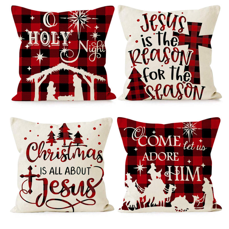 Wholesale Christmas Linen Plaided Letter Christmas Tree Print Pillowcase