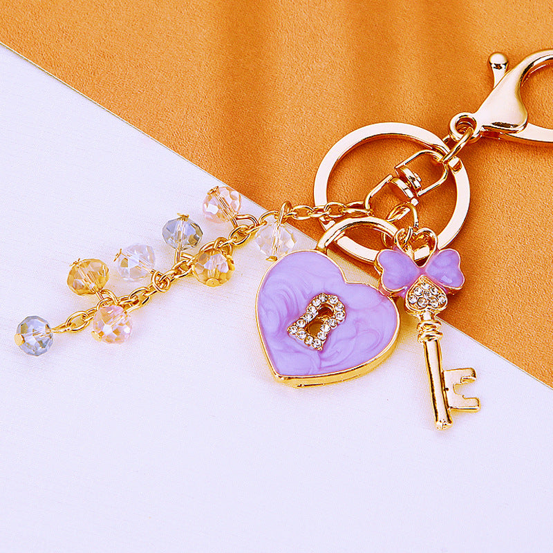 Wholesale Pink Four Leaf Clover Love Lock Keychain Rhinestone Inlaid Metal Car Key Ring Fashion Accessory Gift