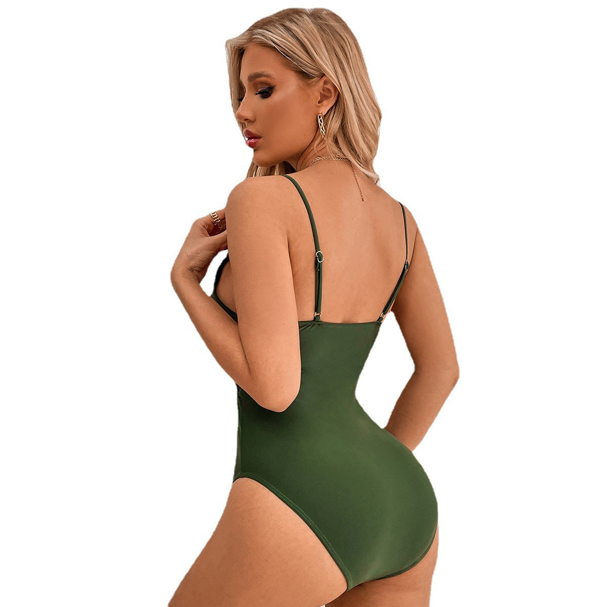 Wholesale Solid Color V Neck Suspenders One Piece Swimwear