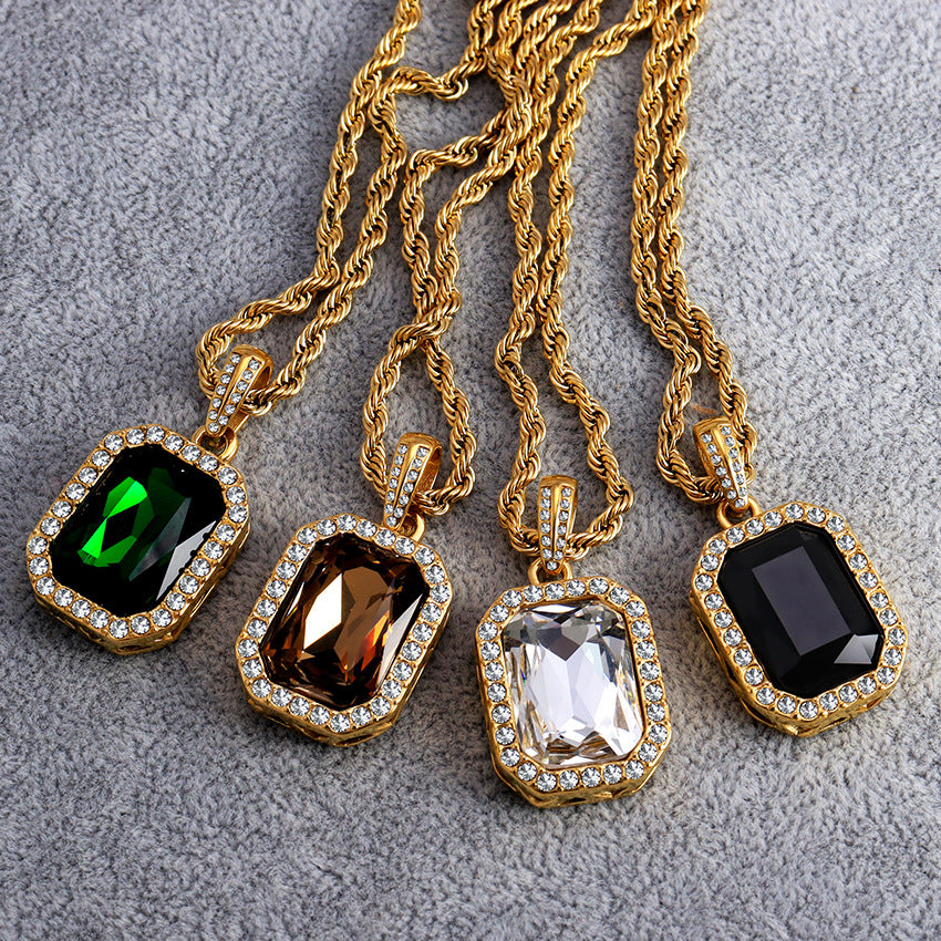 Wholesale Retro Atmospheric Square Style Zircon Surrounded By Diamond Twist Titanium Steel Chain