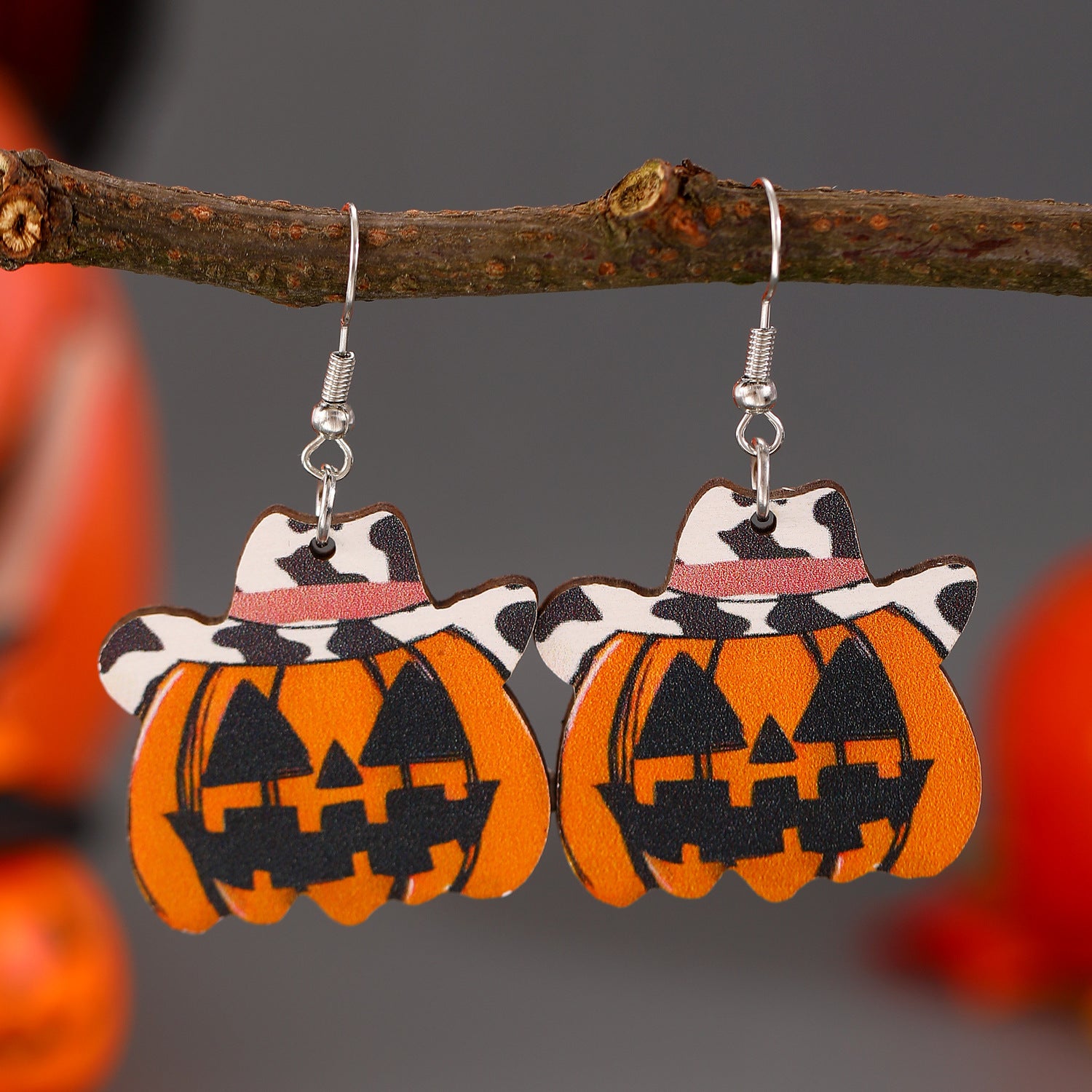 Wholesale Gothic Cowboy Style Wooden Funny Pumpkin Halloween Earrings