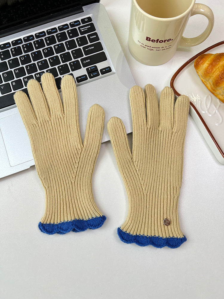 Wholesale Winter Warm Knitted Five-finger Touch Screen Lace Contrasting Color Woolen Gloves