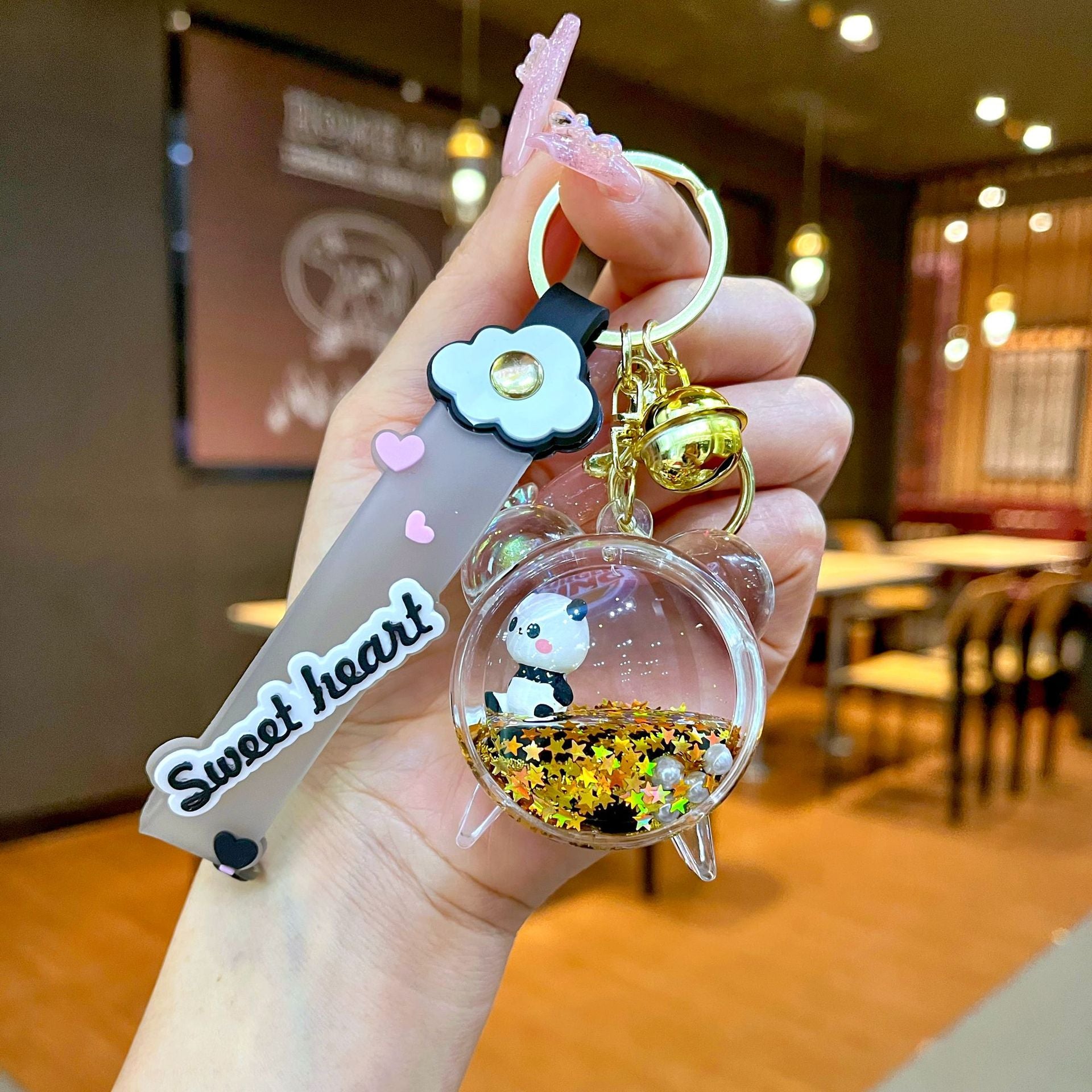 Wholesale Black gold floating cartoon cute panda Liquid Keychains