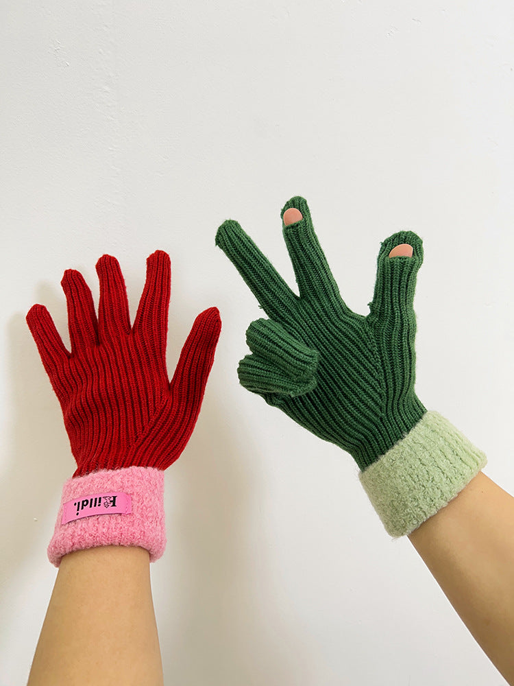 Wholesale Winter Thickened Warm Lambswool Knitted Splicing Gloves