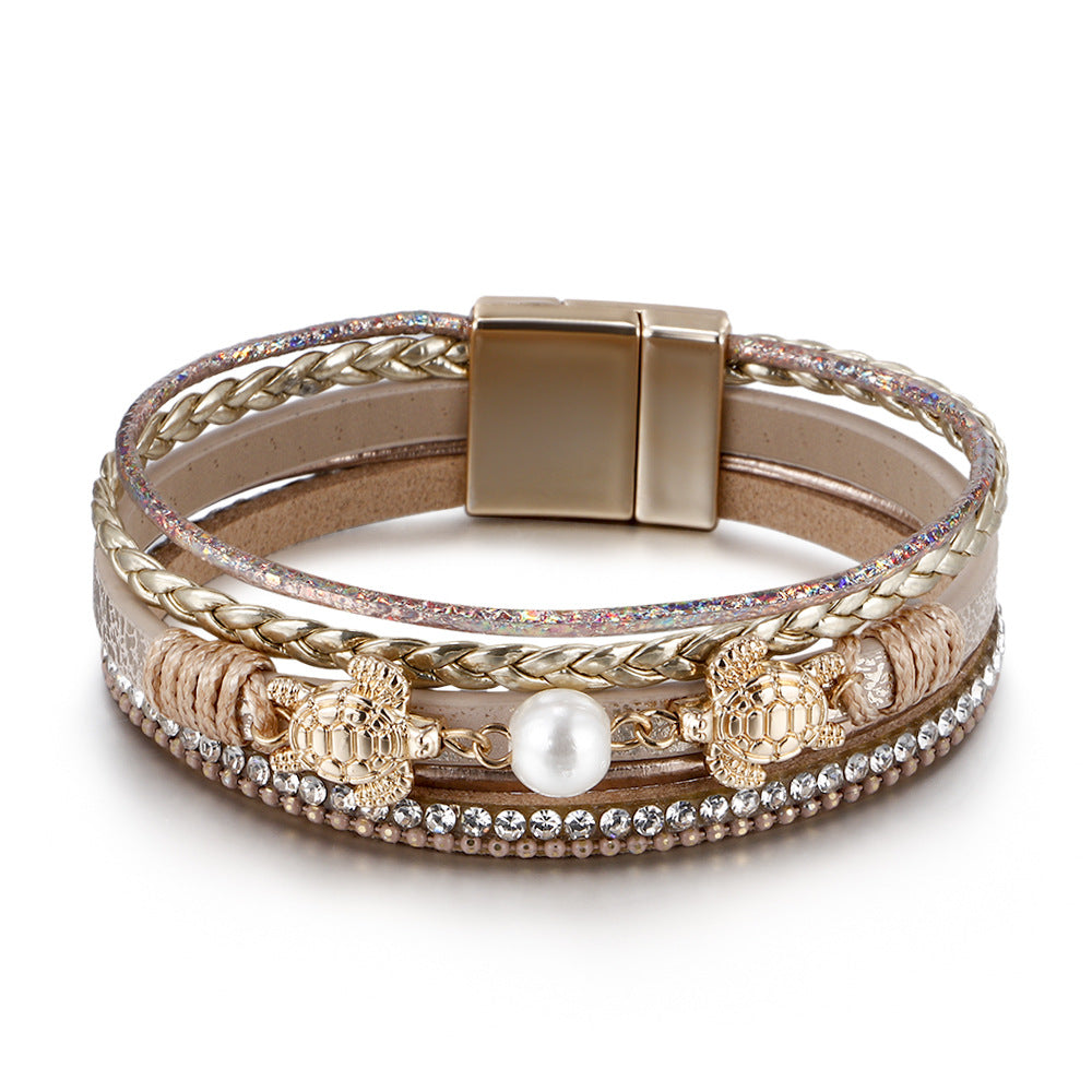 Wholesale Ethnic Style Pearl Turtle Magnetic Buckle Multi-layer PU Leather Woven Bracelet