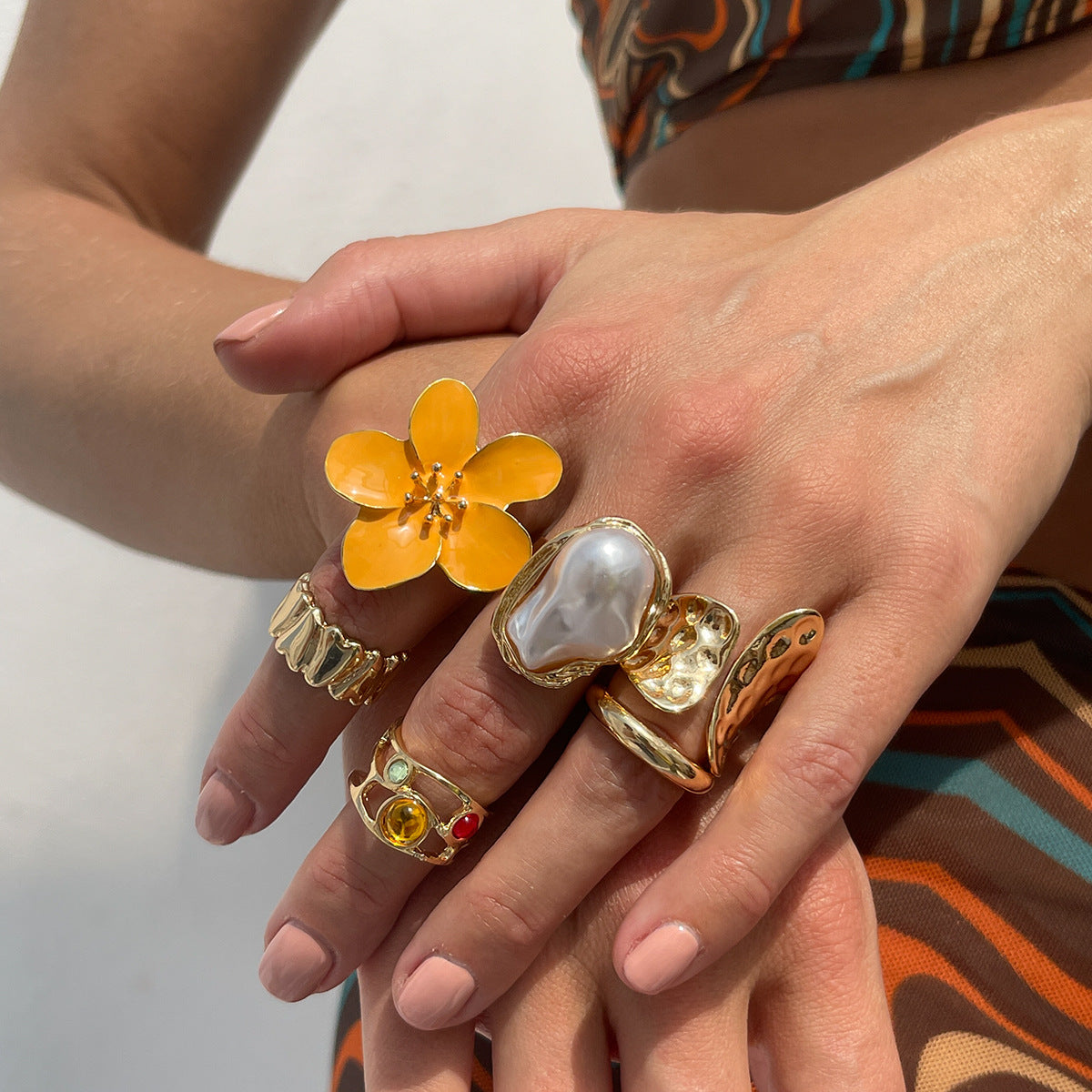 Wholesale  Design Liquid Lava Flower Open Ring Baroque  Pearl Inlaid Gemstone Ring
