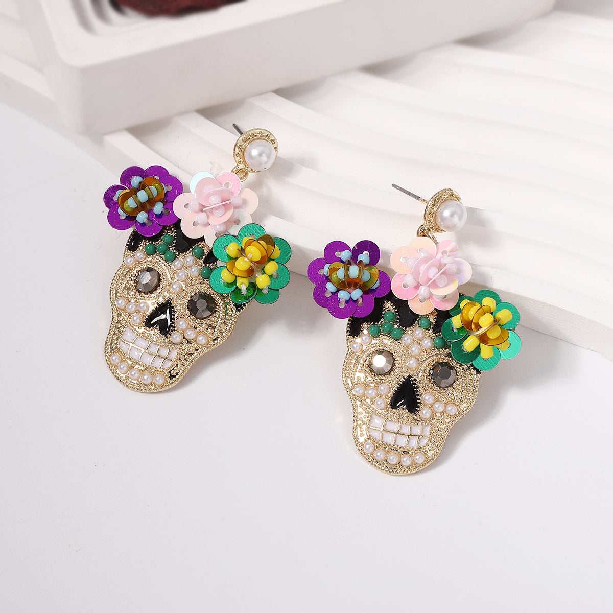 Wholesale Halloween Inlaid Zircon with Sequined Skull Earrings