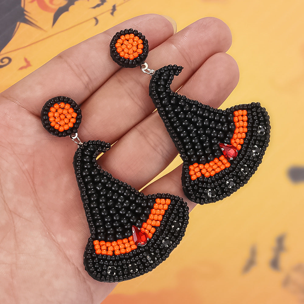 Wholesale Halloween Vintage Witch Hat Black Cat Demon Pumpkin Bat Beaded Earrings