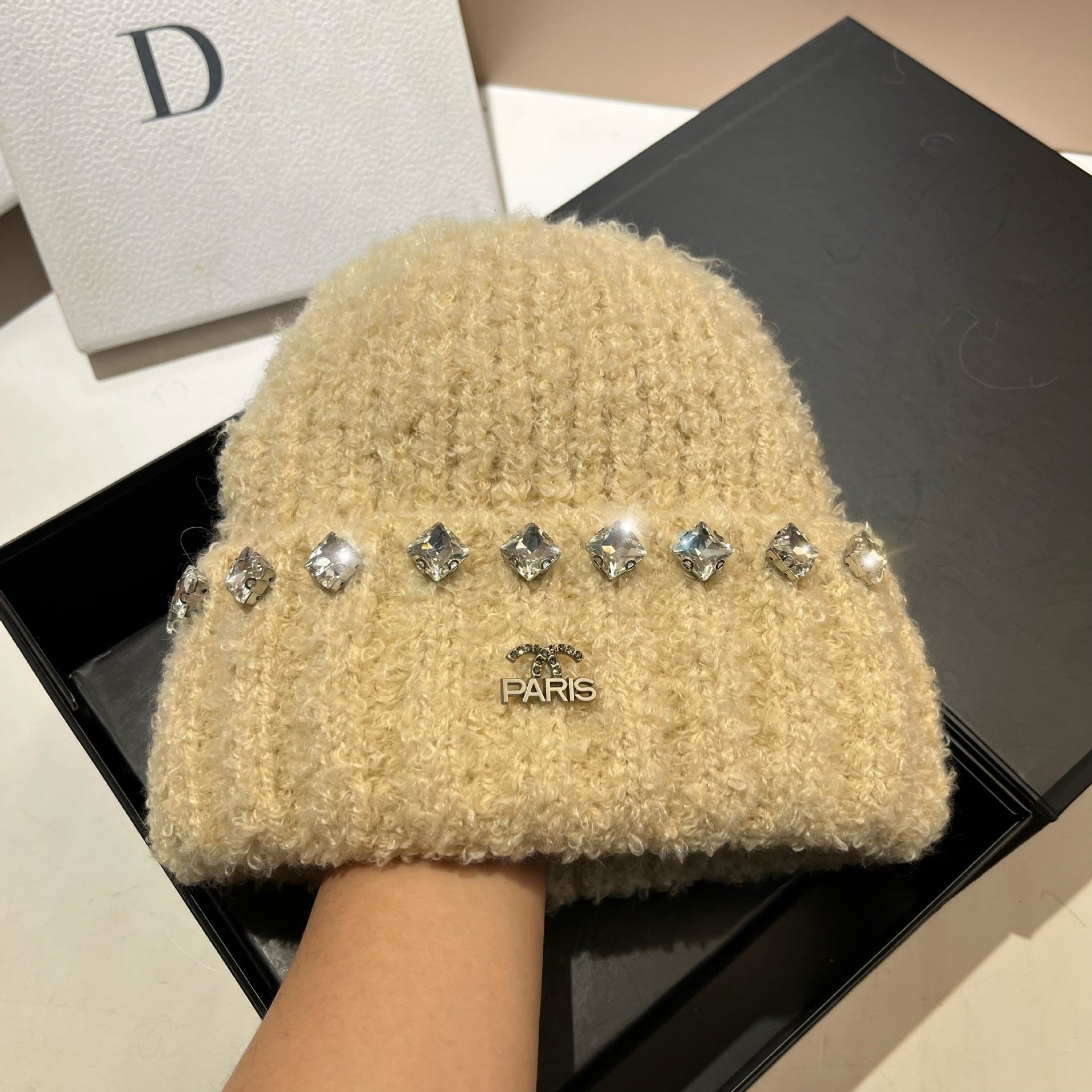Wholesale Thick Warm Teddy Curl Cute Rhinestone Knitted Hat