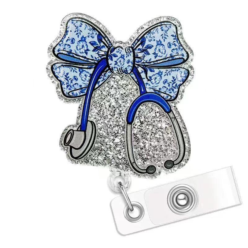 Wholesale Acrylic ID card clip with bow tie  retractable name tag holder easy-pull buckle Badge Reels