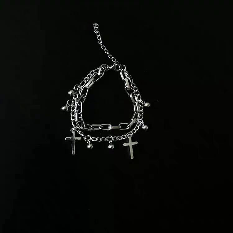 Wholesale Vintage Metal Double Cross Pendant Hip Hop Multi-layer Bracelet