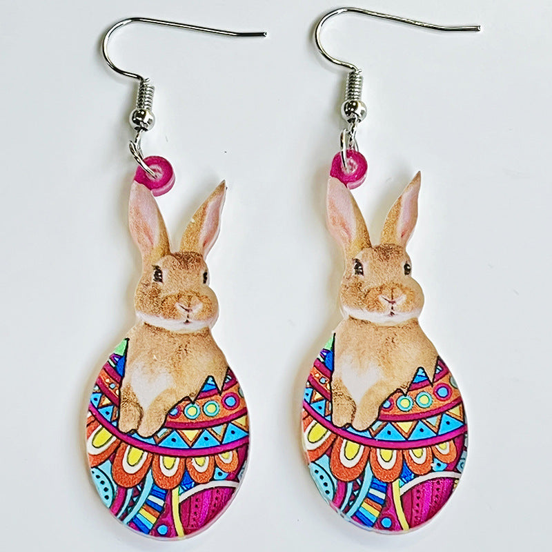 Wholesale Rabbit Flower Basket Cute Printed Easter Egg Chicken Spring Flower Earrings