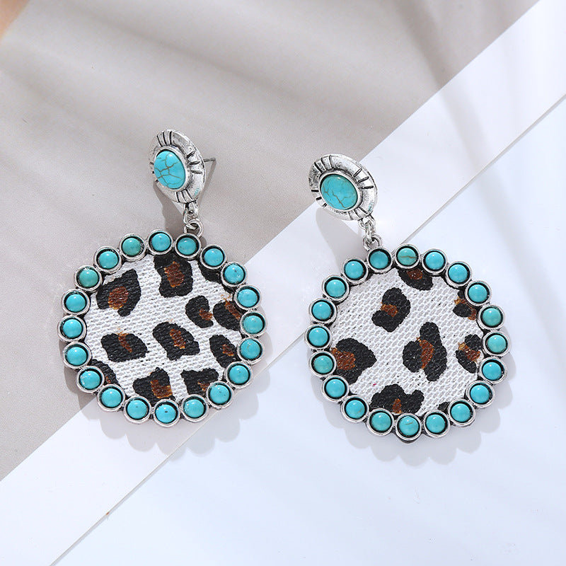 Wholesale Creative Turquoise Leopard Print Leather Earrings
