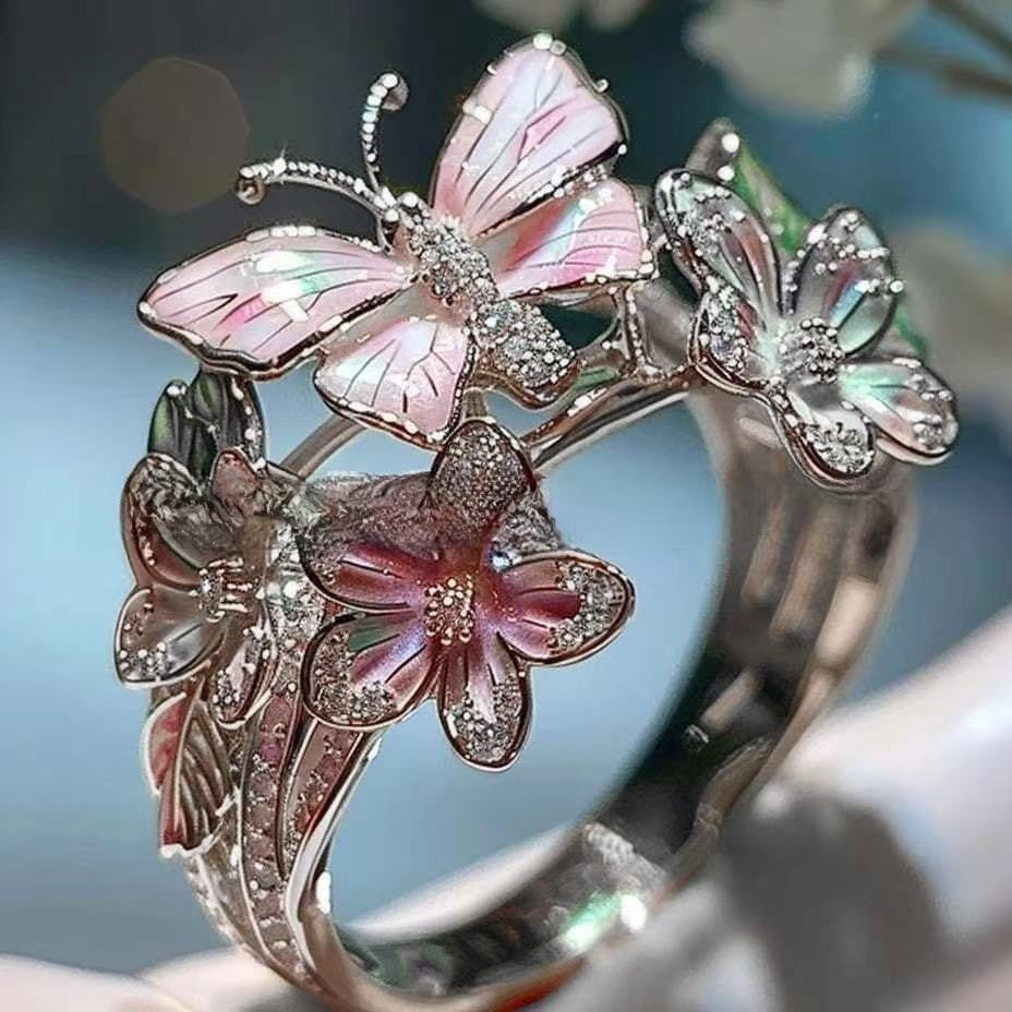 Wholesale Butterfly Flower  Open Oil Drop Alloy Ring