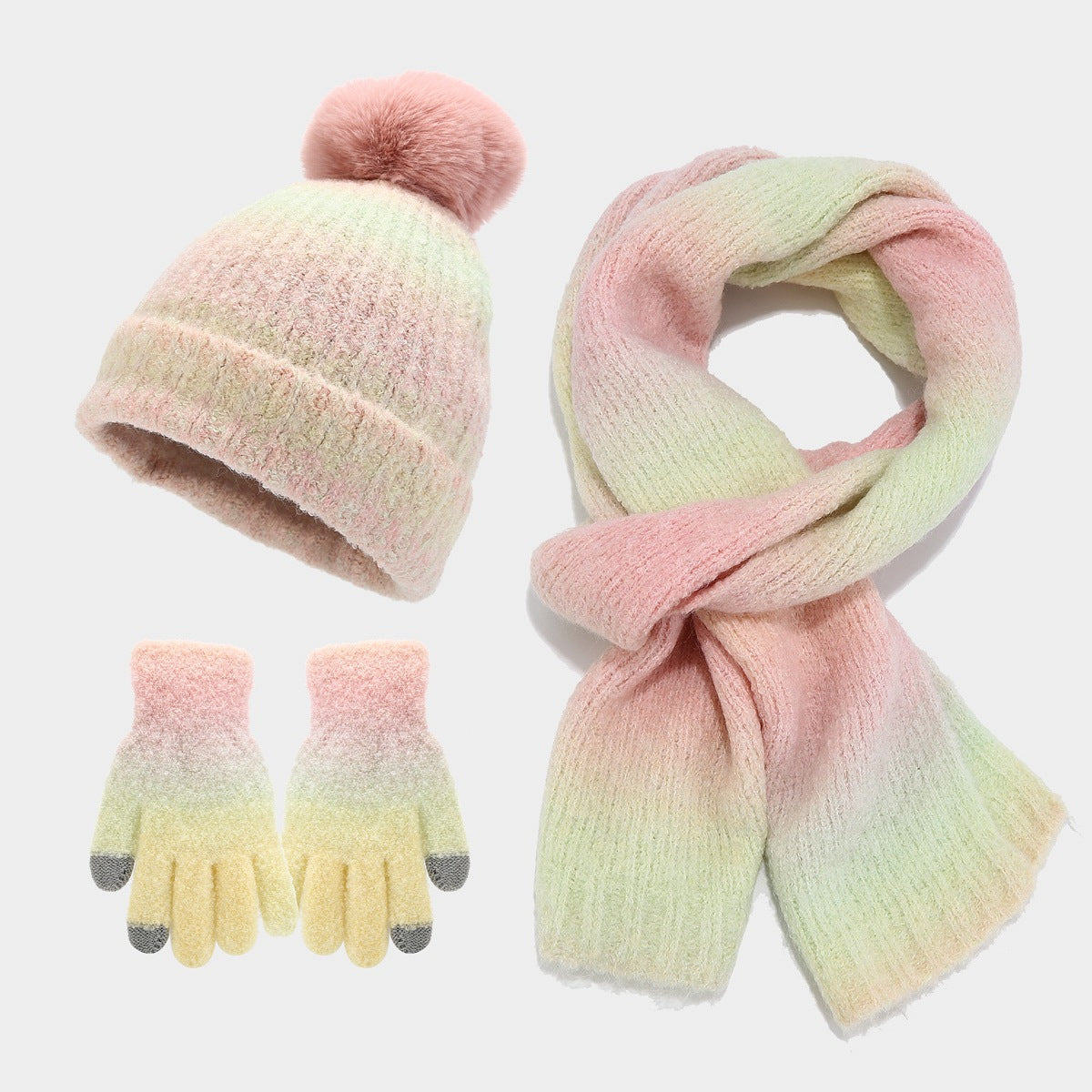 Wholesale Tie-dyed Wool Hat Scarf Gloves Three-piece Set Fashion Wool Ball Knitted Hat Set