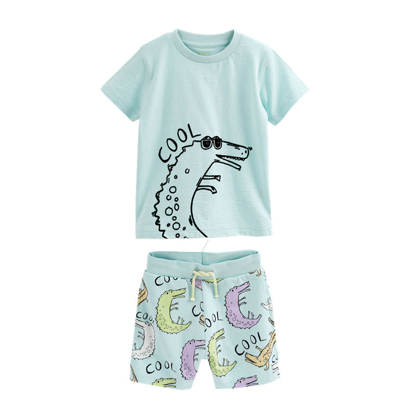 Wholesale Stylish Kids Dinosaur Print Short Sleeve Two Piece Set Knitted Cotton Summer Outfit For Boys