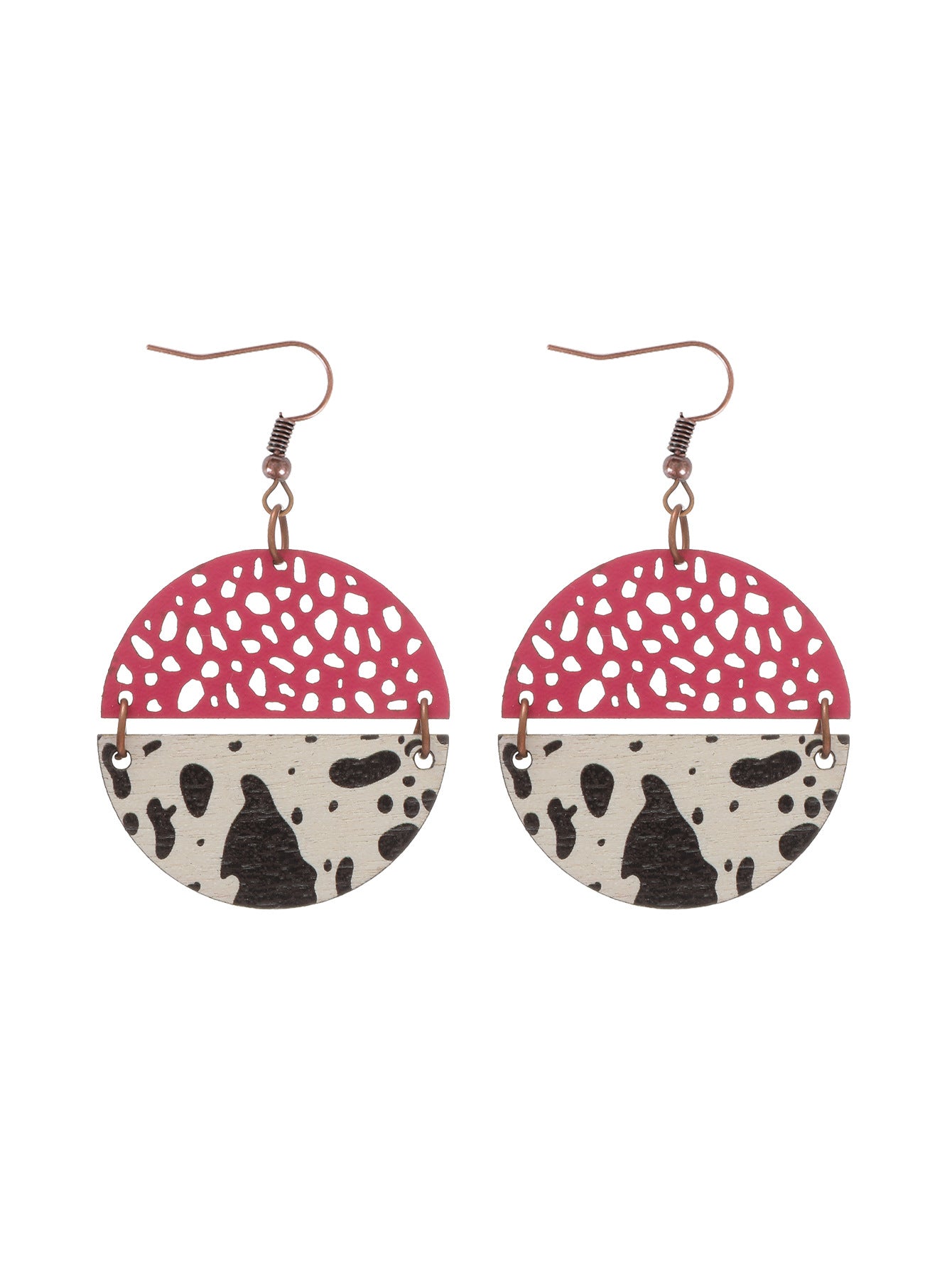 Wholesale Western Style Cow Print Leopard Print Wood Chip Leather Combination Round Earrings