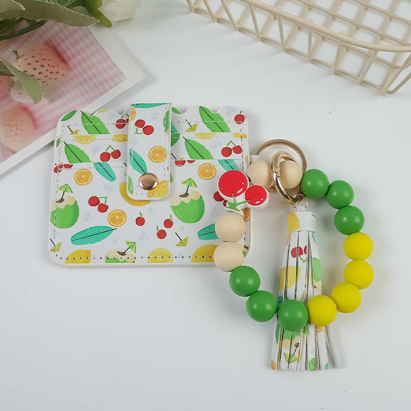 Wholesale Fruit Print Pu Card Holder Silicone Beaded Keychain Silicone Bead Bracelet