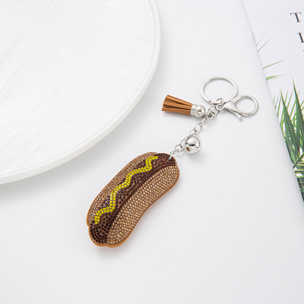 Wholesale 4pcs Creative  Velvet Diamond-encrusted Hot Dog Keychain