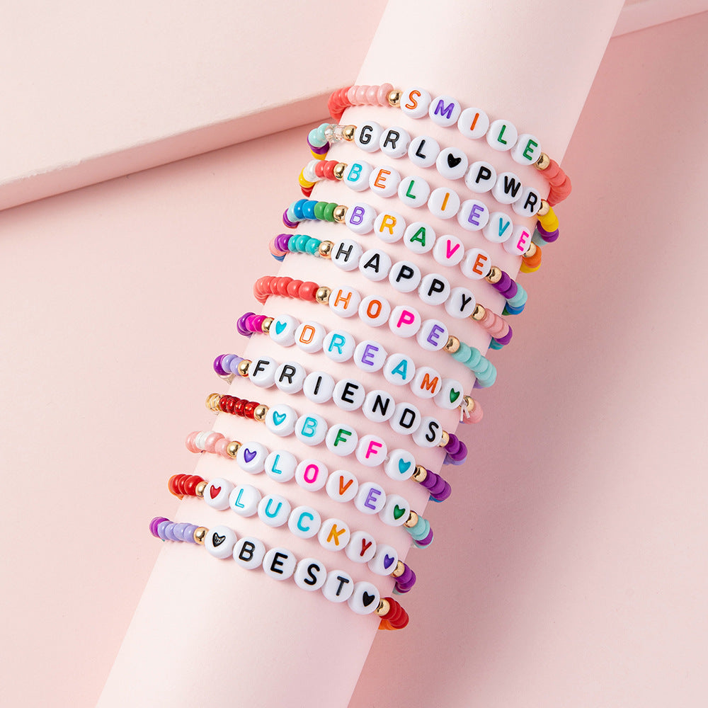 Wholesale 12pcs Boho Alphabet Encouragement Rice Beads Colorful Bracelet for Kids