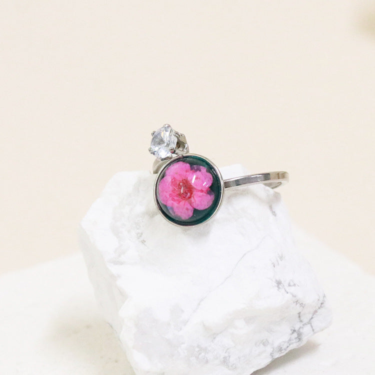 Wholesale 12pcs Zircon Everlasting Flower Stainless Steel Open Ring