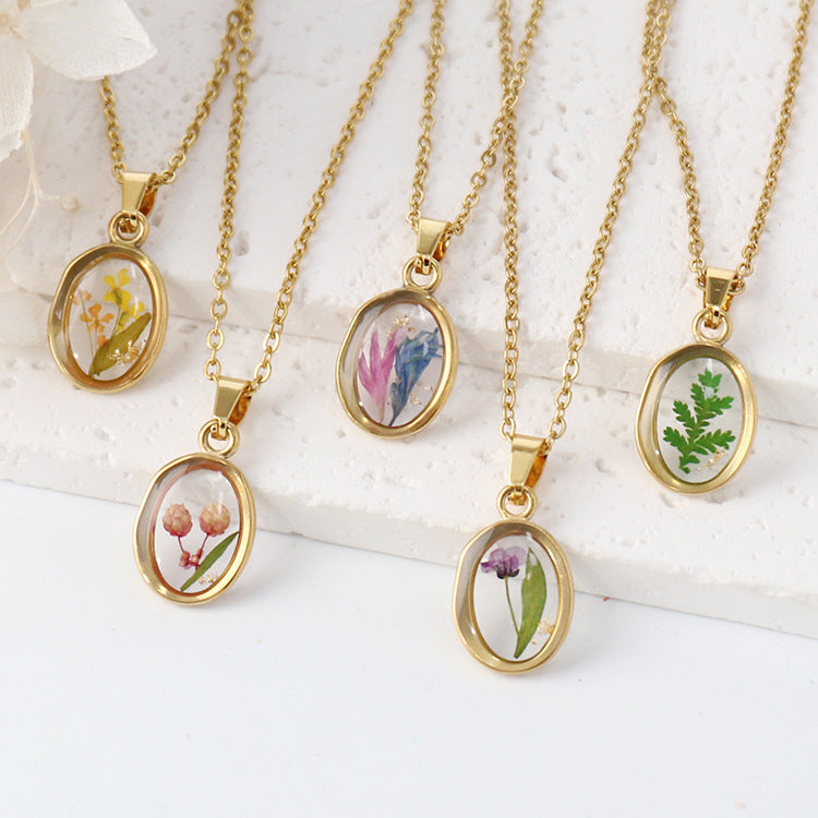 Wholesale 6pcs/pack Summer New Style True Flower Necklace Sweet Style Small Fresh Color True Flower Pendant Stainless Steel Resin Eternal Flower Jewelry