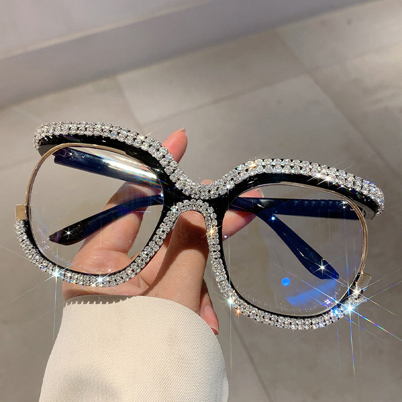Wholesale Owl Large Frame Plain Mirror Double Row Diamond Frame Glasses