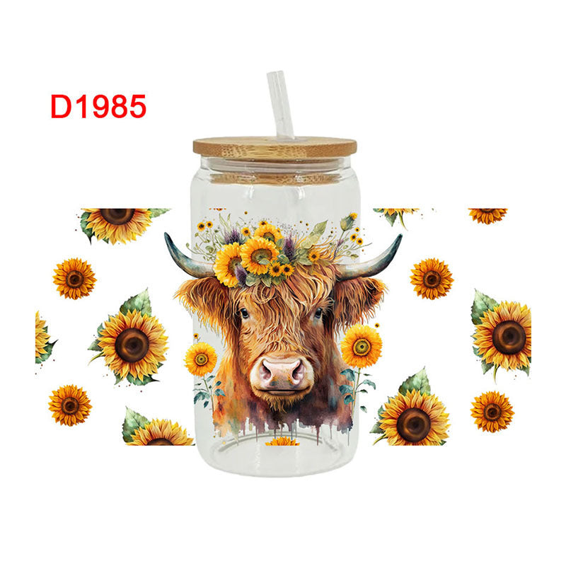 Wholesale Colorful Flower Cow   16oz Cup UV DTF Wraps