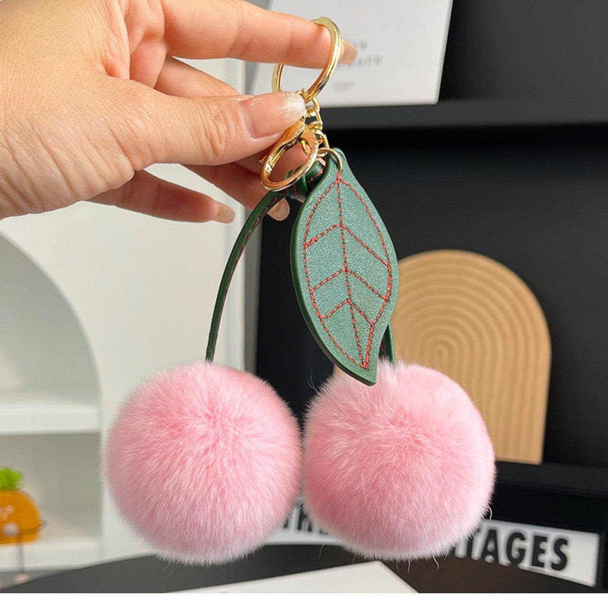 Wholesale Faux fur single leaf cherry plush pendant keychain
