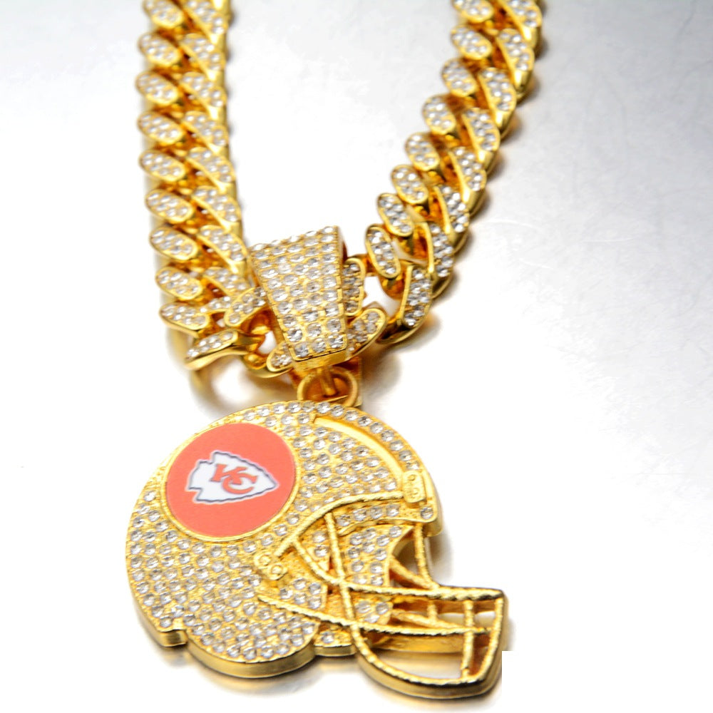 Wholesale Stylish Football Helmet Pendant Necklace Rhinestone Cuban Chain In Gold Zinc Alloy Fashion Jewelry Gift