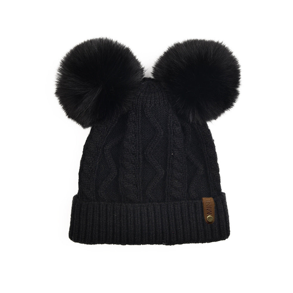 Wholesale Autumn and Winter Fleece Leather Label MINI Double Wool Ball Outdoor Warm Detachable Knitted Hat
