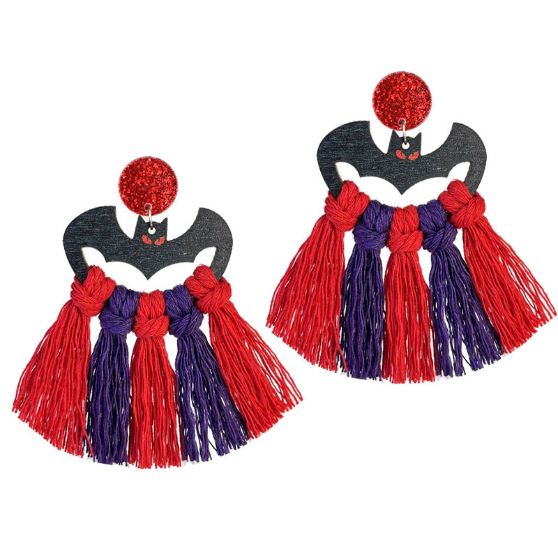 Wholesale 2 Pairs/pack Halloween Hand-woven Tassel Wooden Earrings