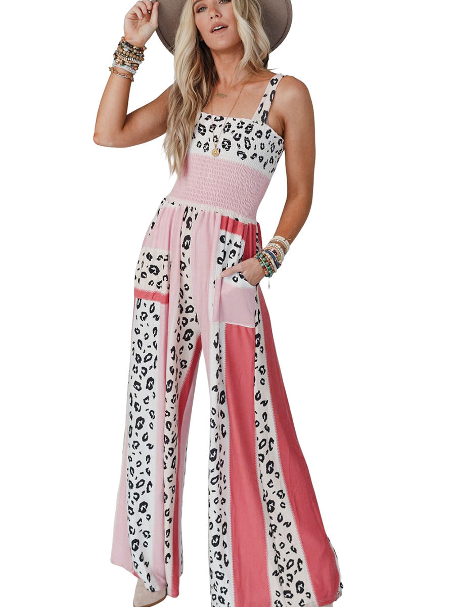 Wholesale Pink Leopard Mixed Color Print Jumpsuit