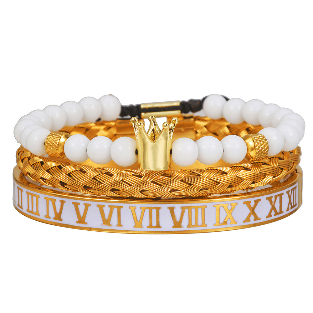 Wholesale Zircon Skull Crown Stainless Steel White Oil Drop Roman Numeral Bracelet Set