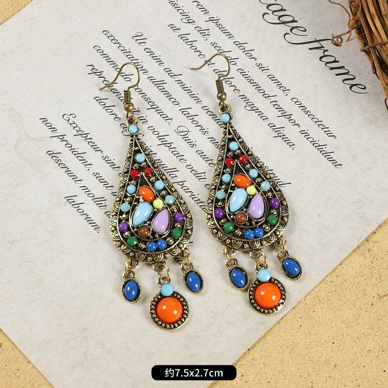Wholesale Alloy Electroplated Retro Tassel Earrings For Women Ethnic Contrast Color Long Earrings Vacation Style Fashion Accessory