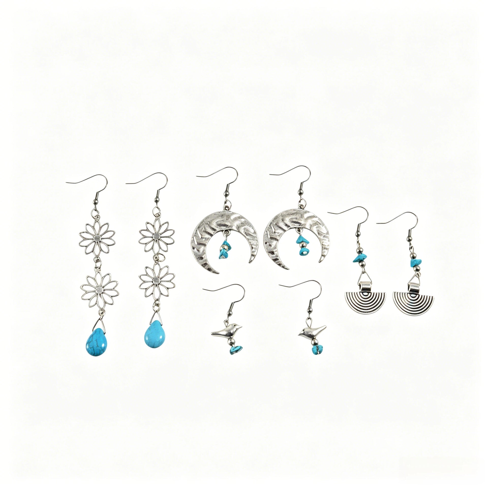 Wholesale Retro Bohemian Moon Drop Earrings For Women Turquoise Inlay Hollow Flower Zinc Alloy Everyday Wear