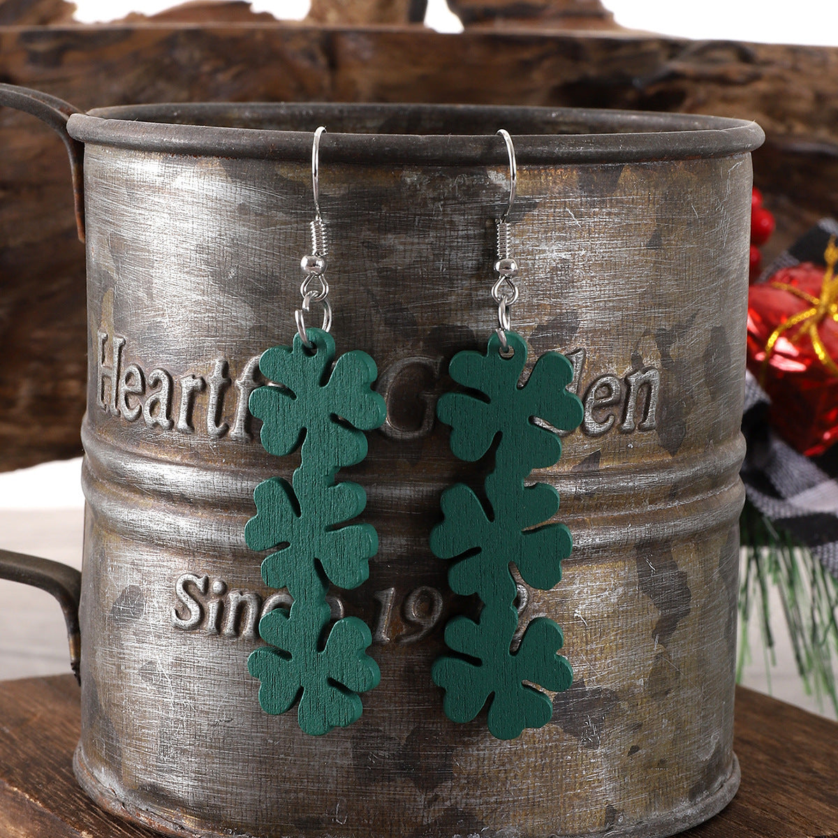 Wholesale St. Patrick's Four Leaf Clover Wooden Earrings