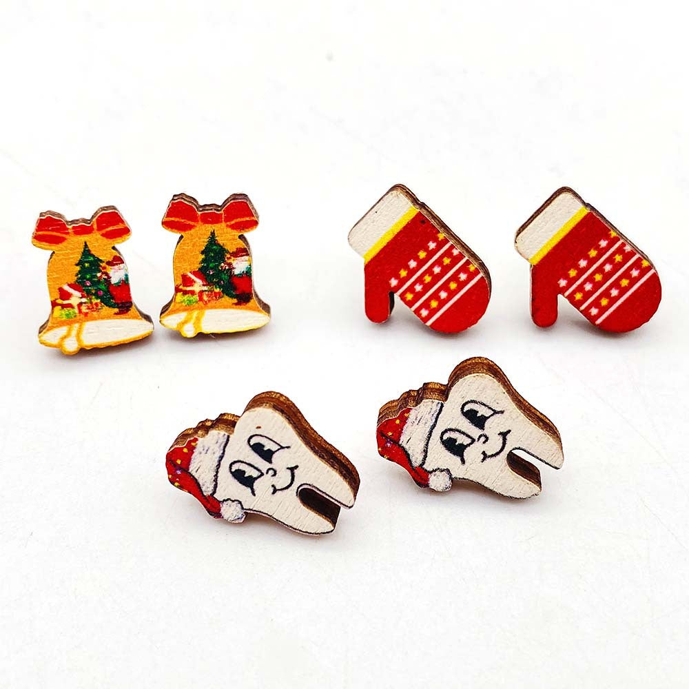 Wholesale Christmas Wooden Earrings Bells Christmas Hats Gloves Earrings Set