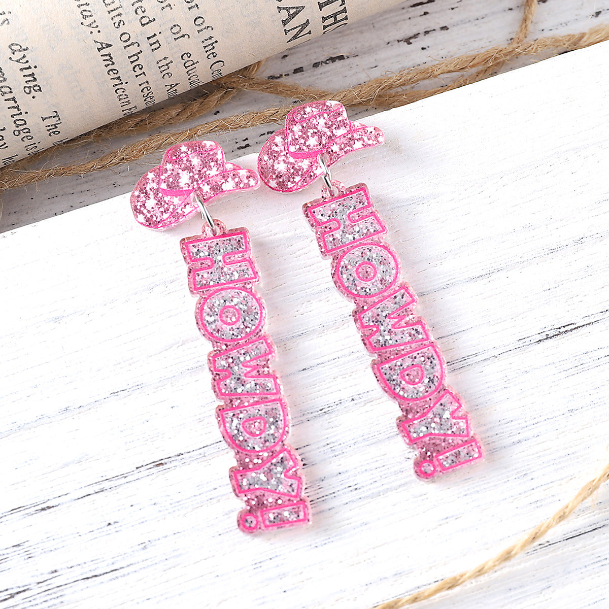 Wholesale Western style cowboy hat pink sequin acrylic pendant earrings